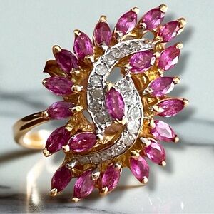 Beautiful Vintage 14K Gold Large Ruby and Diamond Waterfall Ring Size 6.75